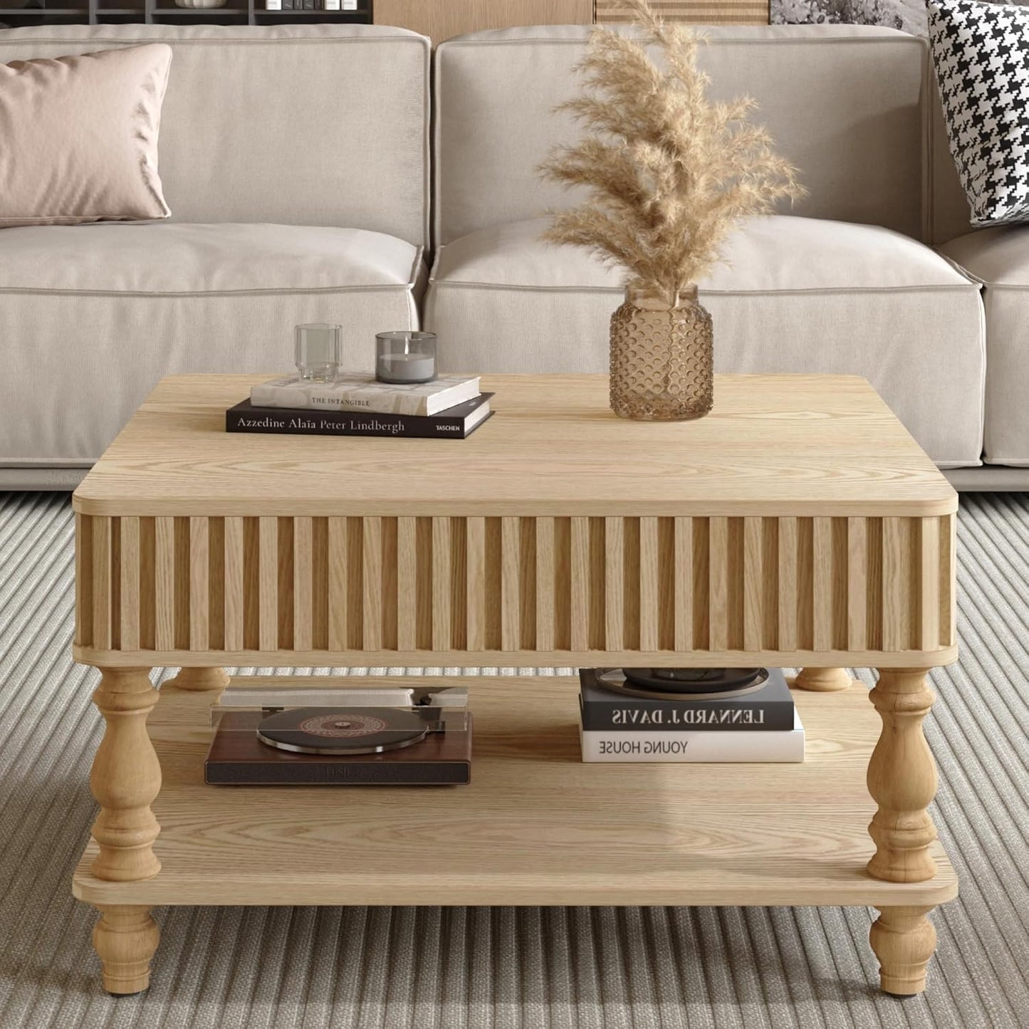 31.5 Inch Square Lift Top Coffee Table with Hidden Storage, 2 Tier Wooden Square Fluted Coffee Table with Open Shelf & Sculpted Leg, Retro Center Table for Living Room, Apartment, Home Office, Natural