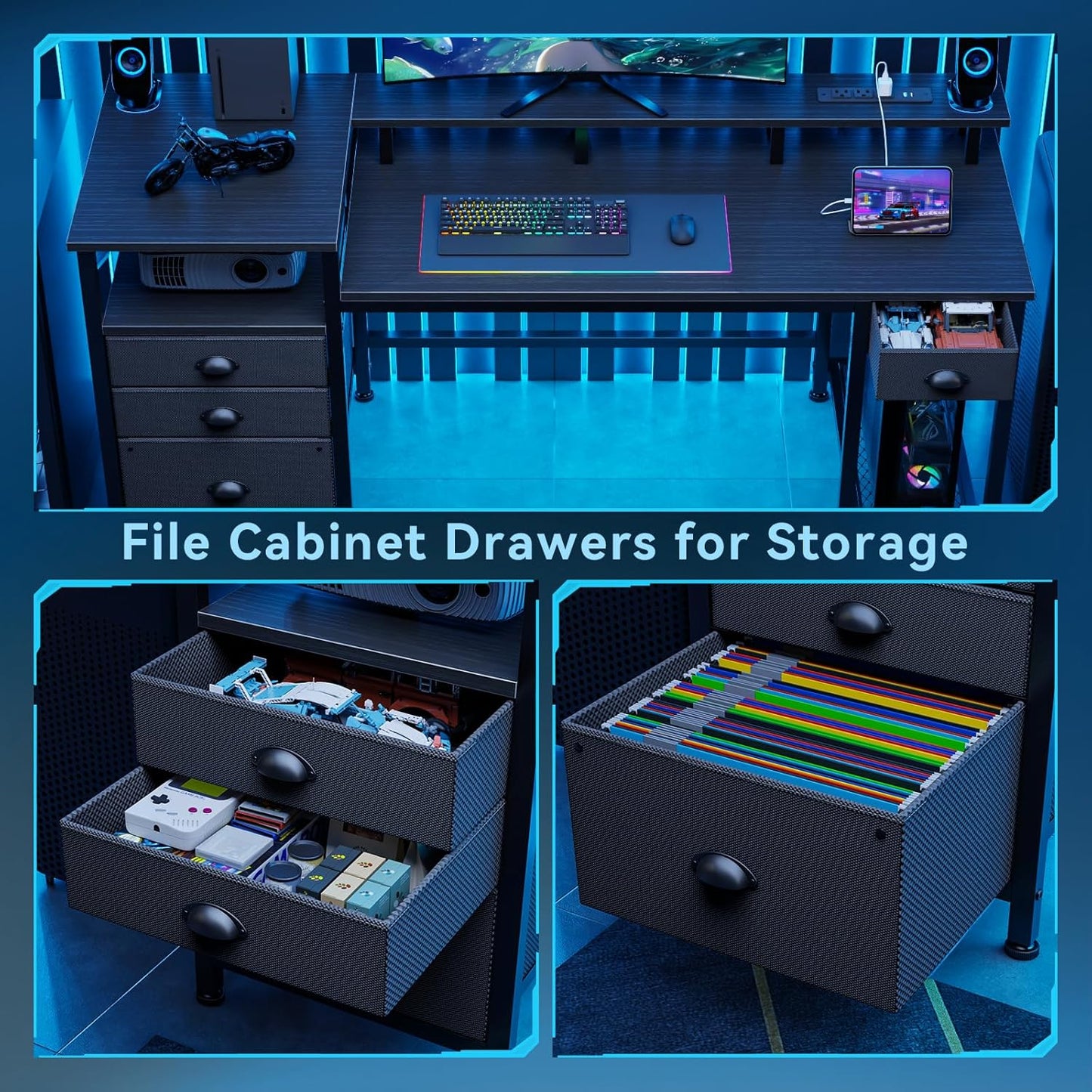 Furologee 60" Black Computer Desk with 4 Drawers and Printer Space, Gaming Desk with LED Lights and USB Power Outlets, Home Office Desk with Fabric File Cabinet,Study Work Table with Shelf for Bedroom