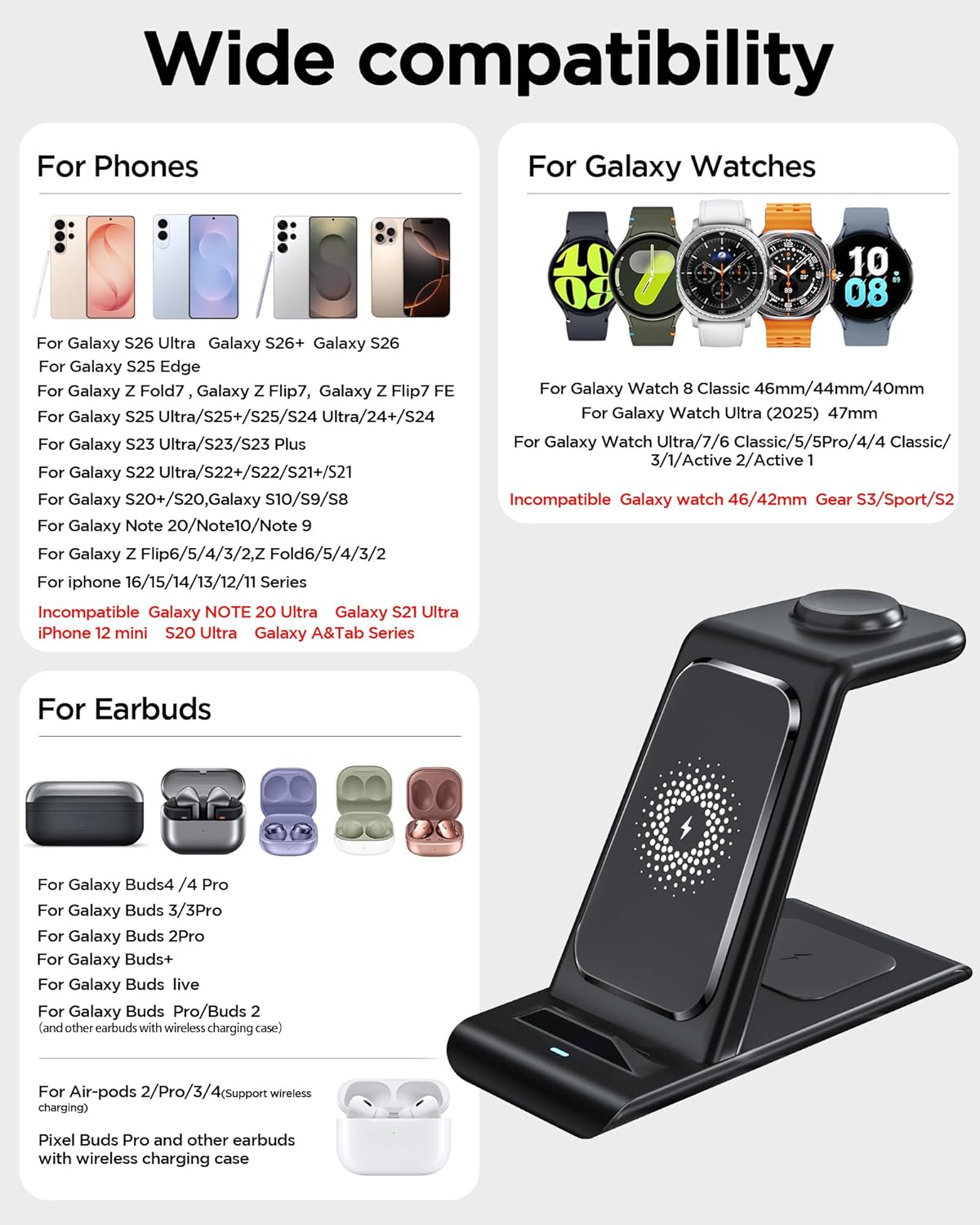 Wireless Charging Station for Samsung Wireless Charger Galaxy S26 Ultra/S25/S24/S23/S22/Note20 Z Fold Flip7 Galaxy Watch 8/7/6/5/4/3 Active 2/1 Stand Galaxy Buds4/4 Pro/3/2 Pro/Live Multiple Devices