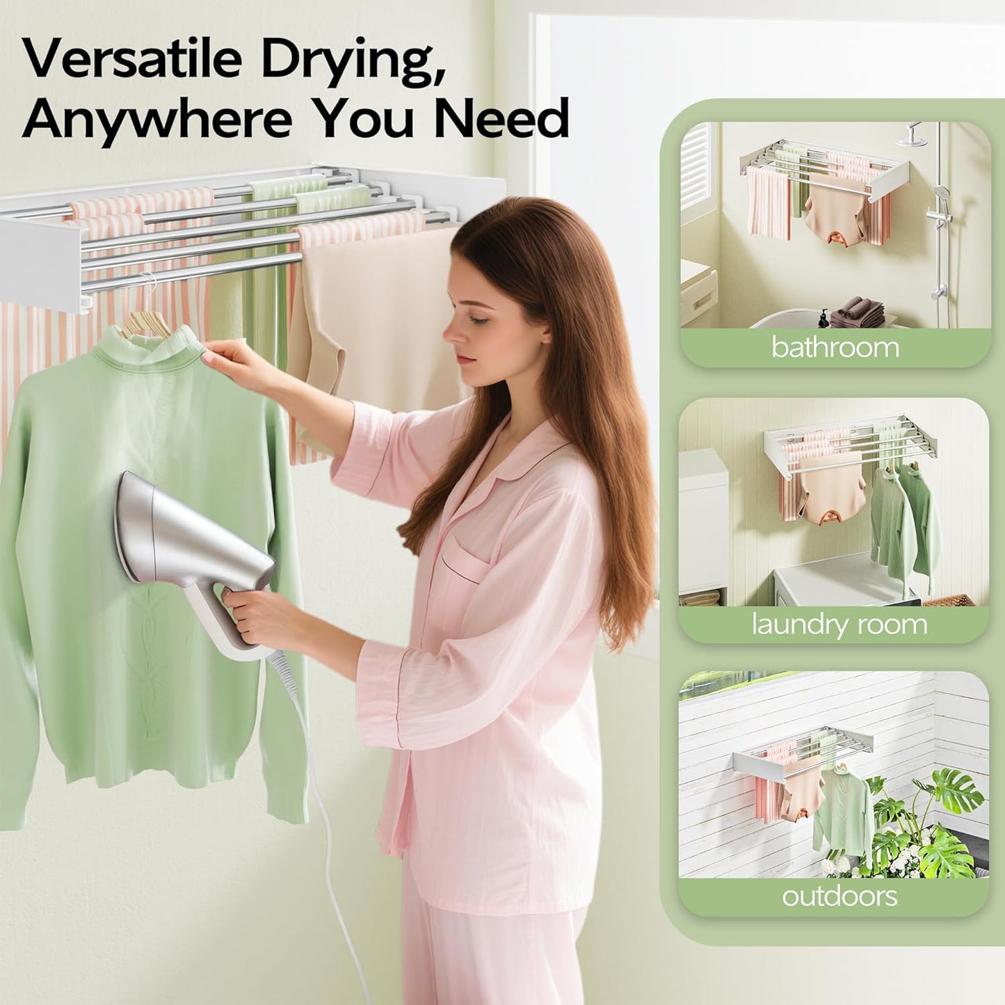 Vikaqi Wall Mounted Clothes Drying Rack 32", Foldable Wall Mount Laundry Rack Folding Indoor, Drying Rack Clothing Collapsible, Hidden Space Saver with Wall Template, 5 Rods, White