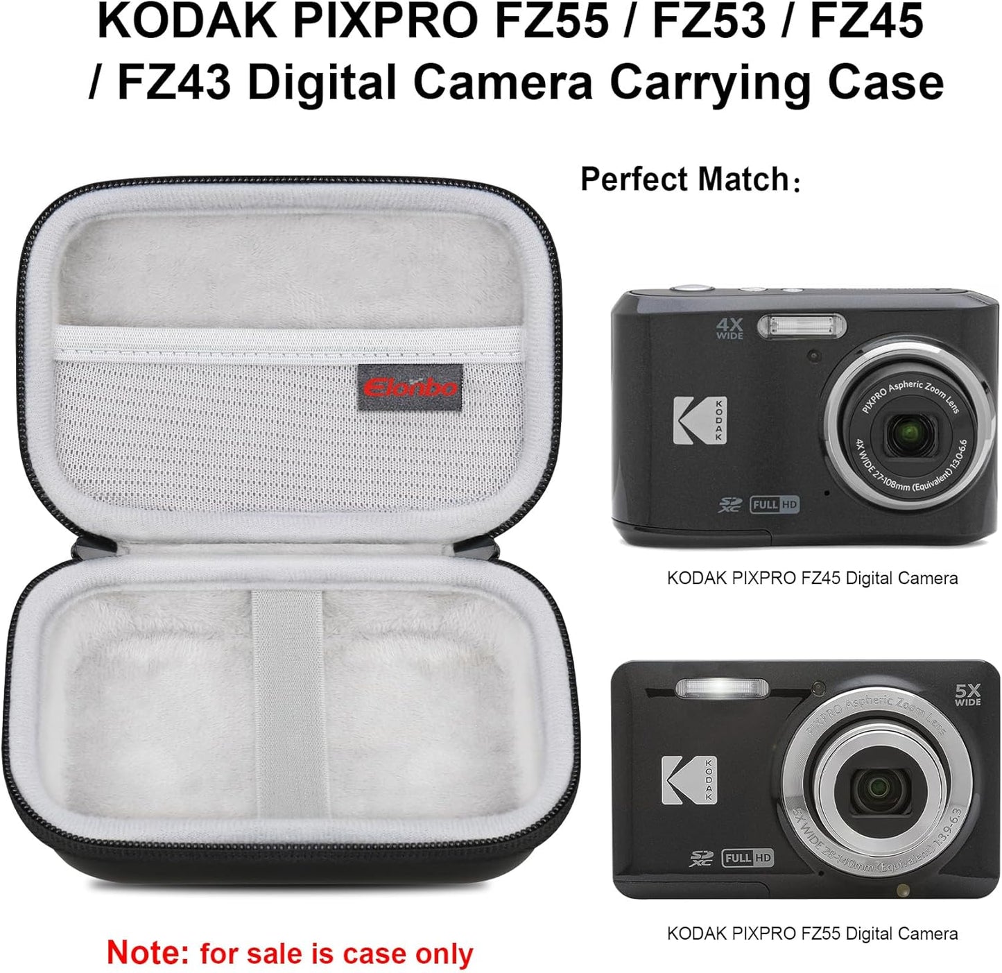 Elonbo Camera Carrying Case for KODAK PIXPRO FZ55 / FZ53 / FZ45 / FZ43 16MP Digital Camera, Vlogging Camera Storage Holder TTravel Bag, Mesh Bag Fits Batteries, Cable, Memory Card, Card Reader,Black
