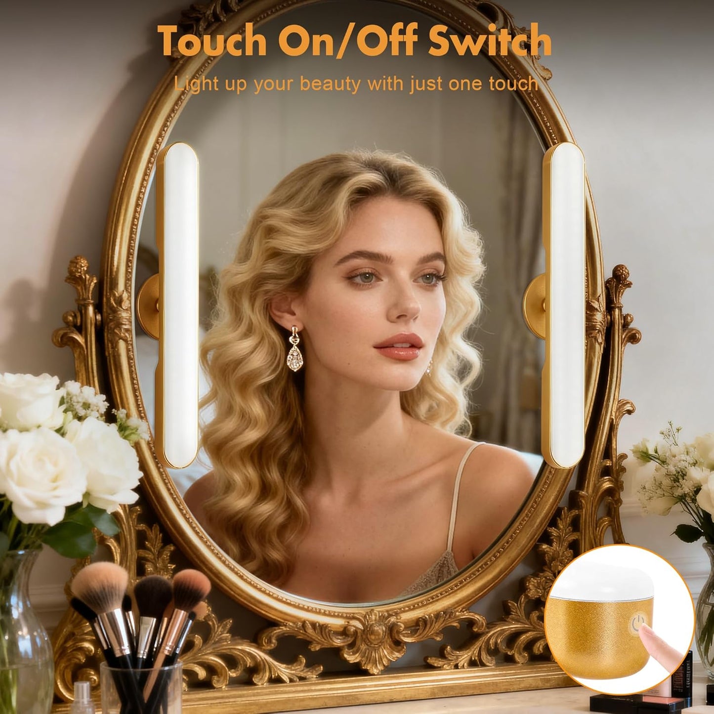 cambk Set of 2 Wireless Vanity Makeup Lights for Mirror, Rechargeable LED Stick On Light Bar for Bathroom Mirror with Dimmable 3 CCT, Long Battery Life Cordless Light for Vanity Desk(Gold)