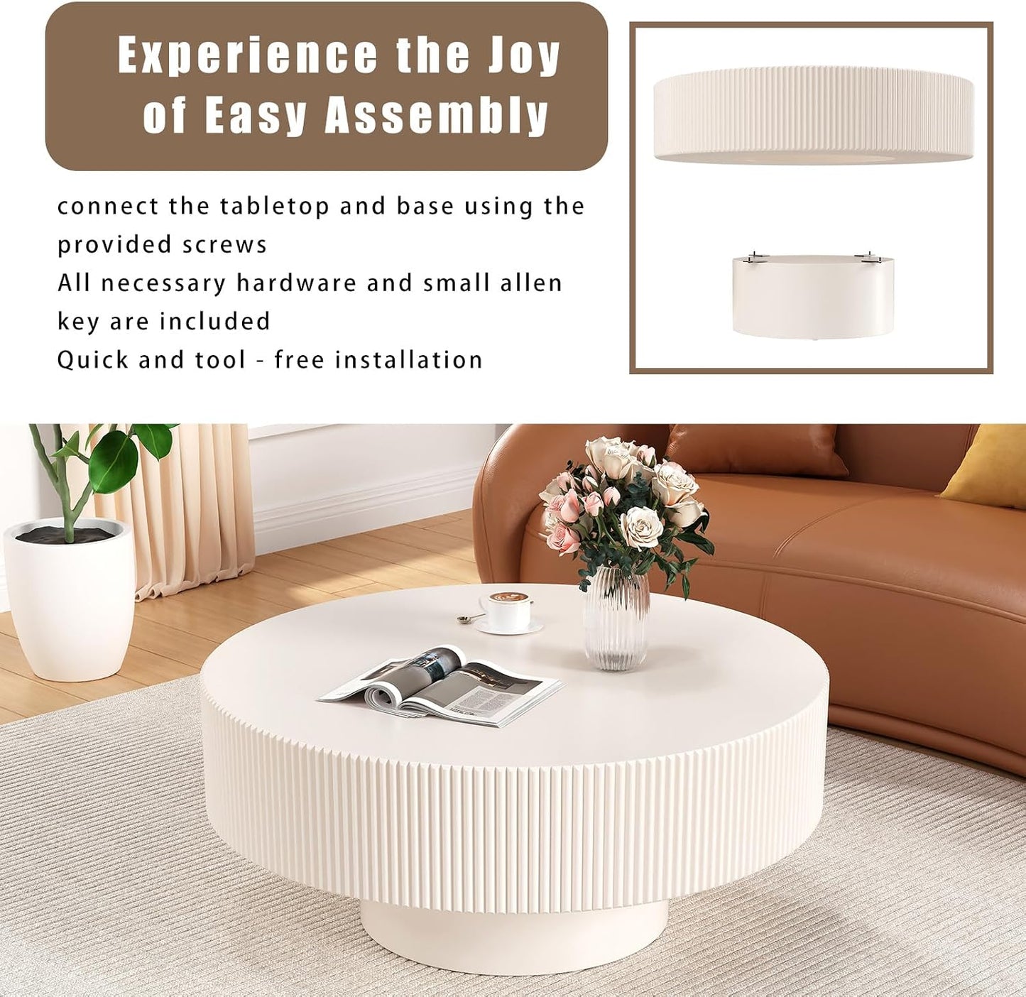 Modern Wood Round Coffee Table for Living Room (30.9inIvory White Thick) | Drum Round Fluted Coffee Table with Sturdy Base, Circular Pedestal Center Table for Office Patio, Easy Assembly