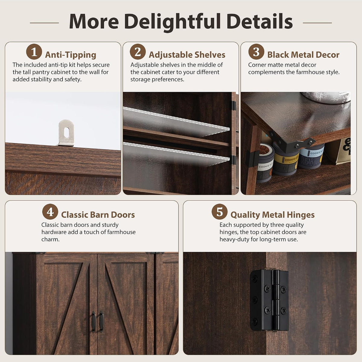 71" Tall Kitchen Pantry Cabinet, Farmhouse Tall Kitchen Storage Cabinet with Adjustable Shelves & 4 Barn Style Doors, Wooden Storage Cabinet for Kitchen, Dining Room, Living Room, Bathroom, Office