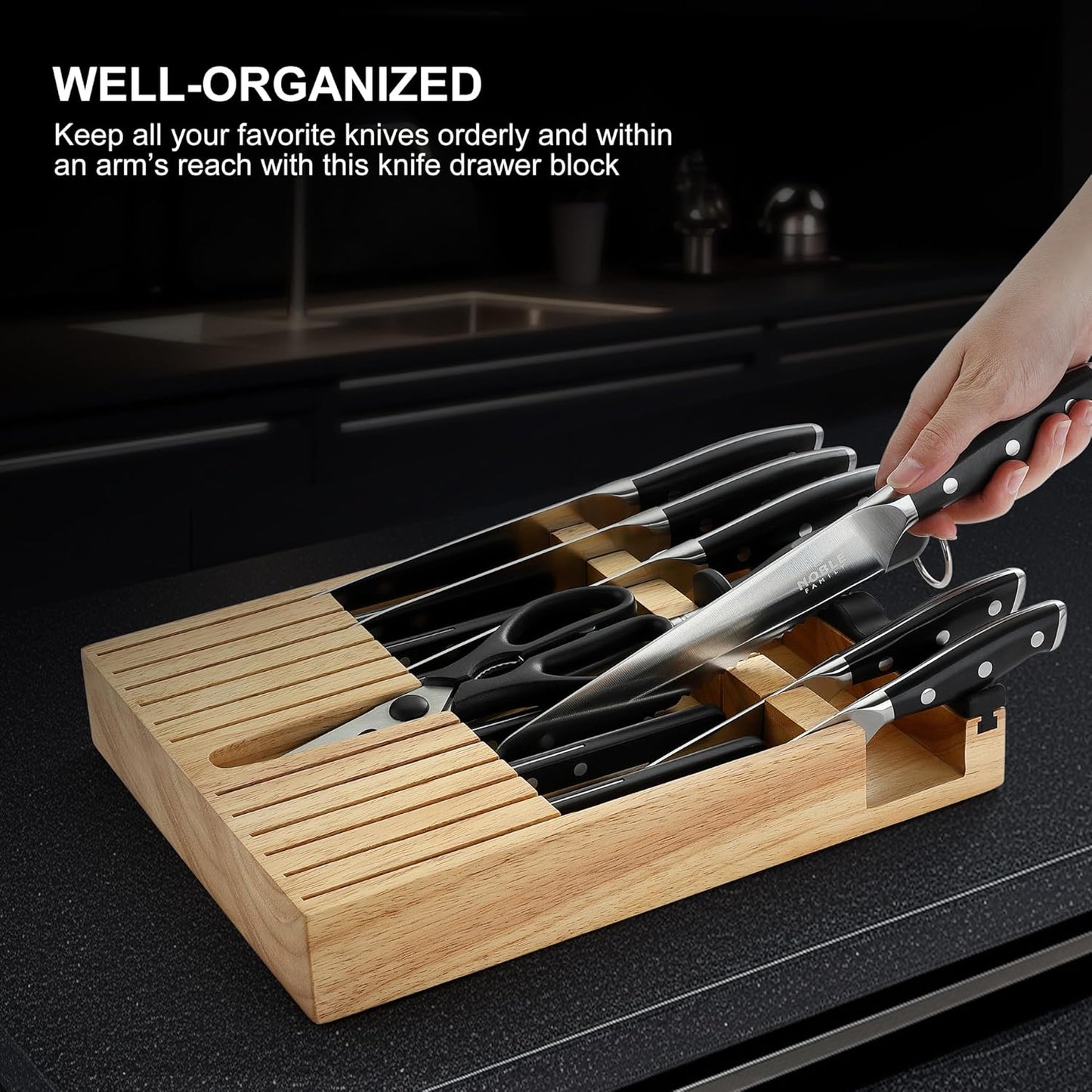 Knife Set with Block, N NOBLE FAMILY 16Pcs Kitchen Knives Drawer Organizer Set with Sharpener, Cutting Board, Anti-Slip Chef Knives Set with 6Pcs Steak Knives, Black