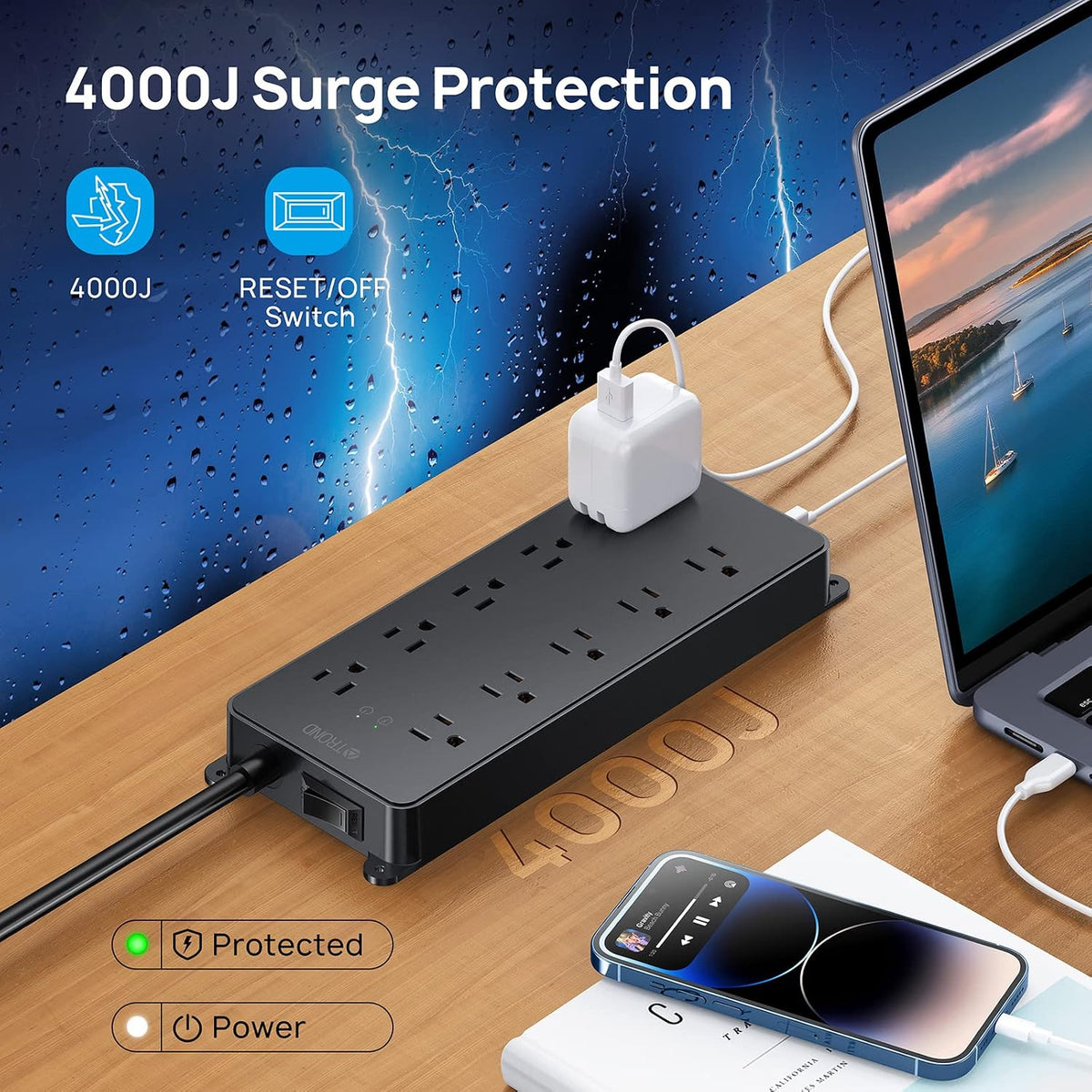TROND Surge Protector Power Strip 10ft, 4000J, ETL Listed