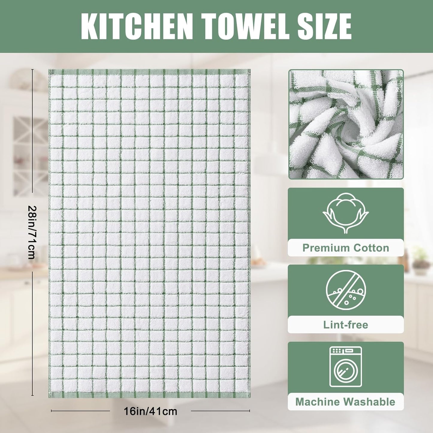 Homaxy Premium Kitchen Towels(16”x 28”, 6 Pack), Large Ring Spun Cotton Dish Towels, Super Absorbent Soft Terry Kitchen Hand Towels, Check Design Tea Towel Set with Hanging Loop, Grass Green