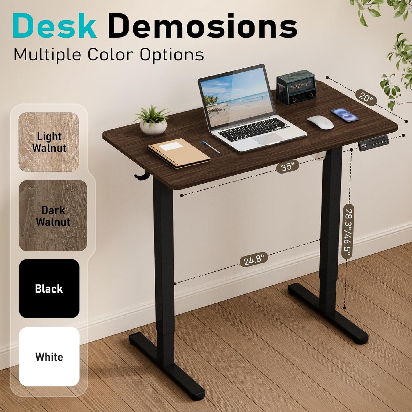 35" Electric Standing Desk Adjustable Height, Small Sit Stand Desk for Home Office & Computer Workstation, Compact Work Desk with Cable Management (Dark Walnut)