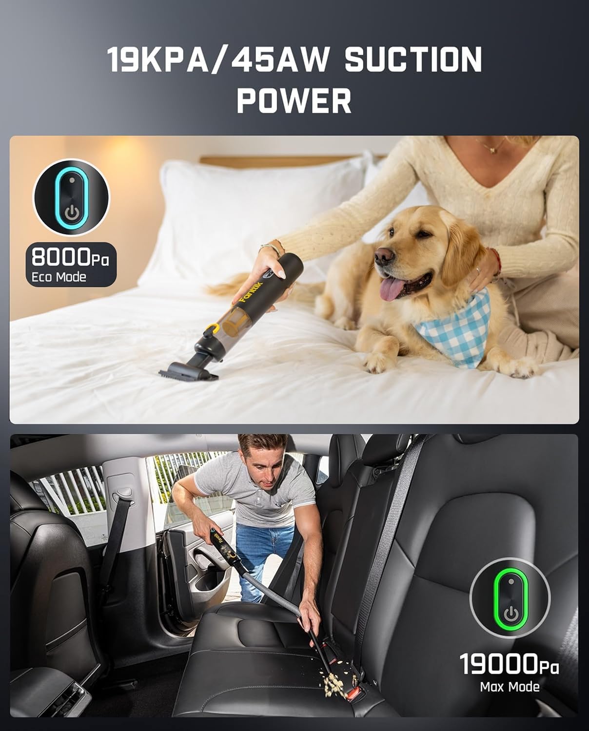 Fanttik Slim V8 APEX Car Vacuum, 4-in-1 Portable Mini Cordless Vacuum with 19000pa Suction Power for Pet Hair, Type-C Charge, One-Touch Empty for Car, Office Desk, Keyboards (Black)