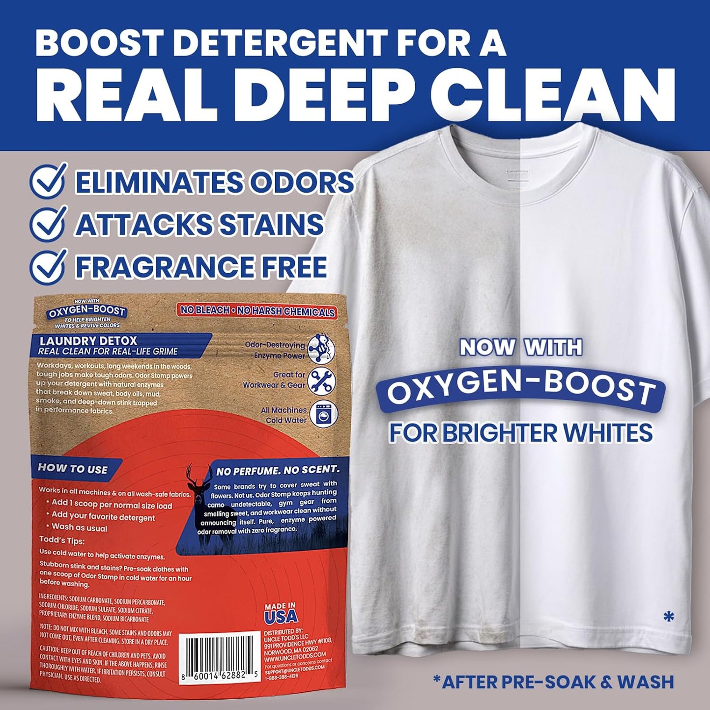 Uncle Todd’s Bio Enzyme Laundry Booster - 2 lb (64 Loads) Odor Stomp Laundry Sanitizer Additive - Clothes Stain Remover - Removes Sweat, Body Odor & Tough Stains - Fragrance Free, Works in Cold Water