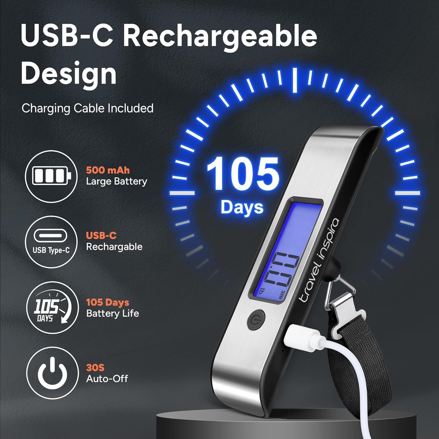 travel inspira Rechargeable Luggage Scale 110lb/50kg - Large Backlit Display - Stainless Steel - Portable Digital Hanging Scale for Suitcases, Bags, Packages (USB -C Charging Included)