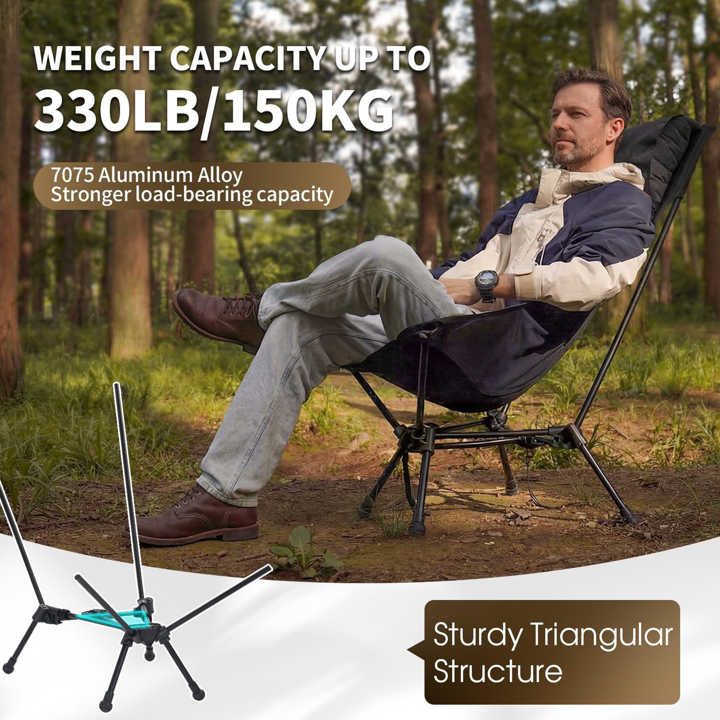 MOON LENCE High Back Folding Camping Chair, 330lbs Portable Compact Chair with Wide Seat & Ergonomic Back Support (Black)