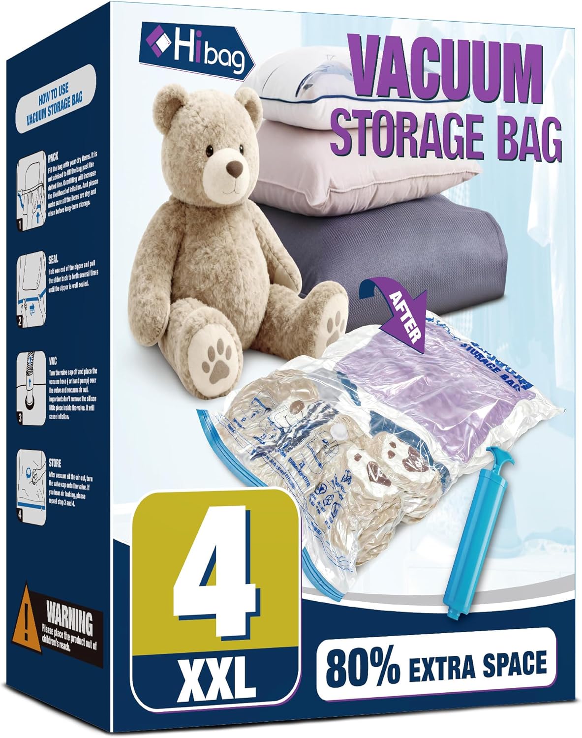 HIBAG Vacuum Storage Bags, 12 Jumbo Vacuum Seal Bags for Clothing, Space Bags for Clothes, Comforters, Blankets, Bedding (12J)