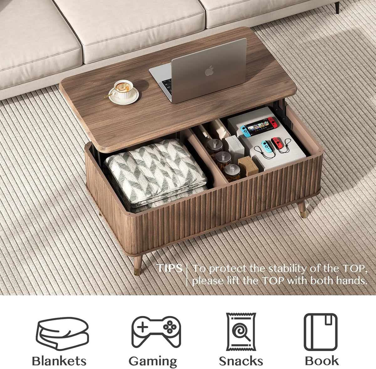 JOINICE Walnut Lift Top Coffee Table with Storage for Living Room,38"
