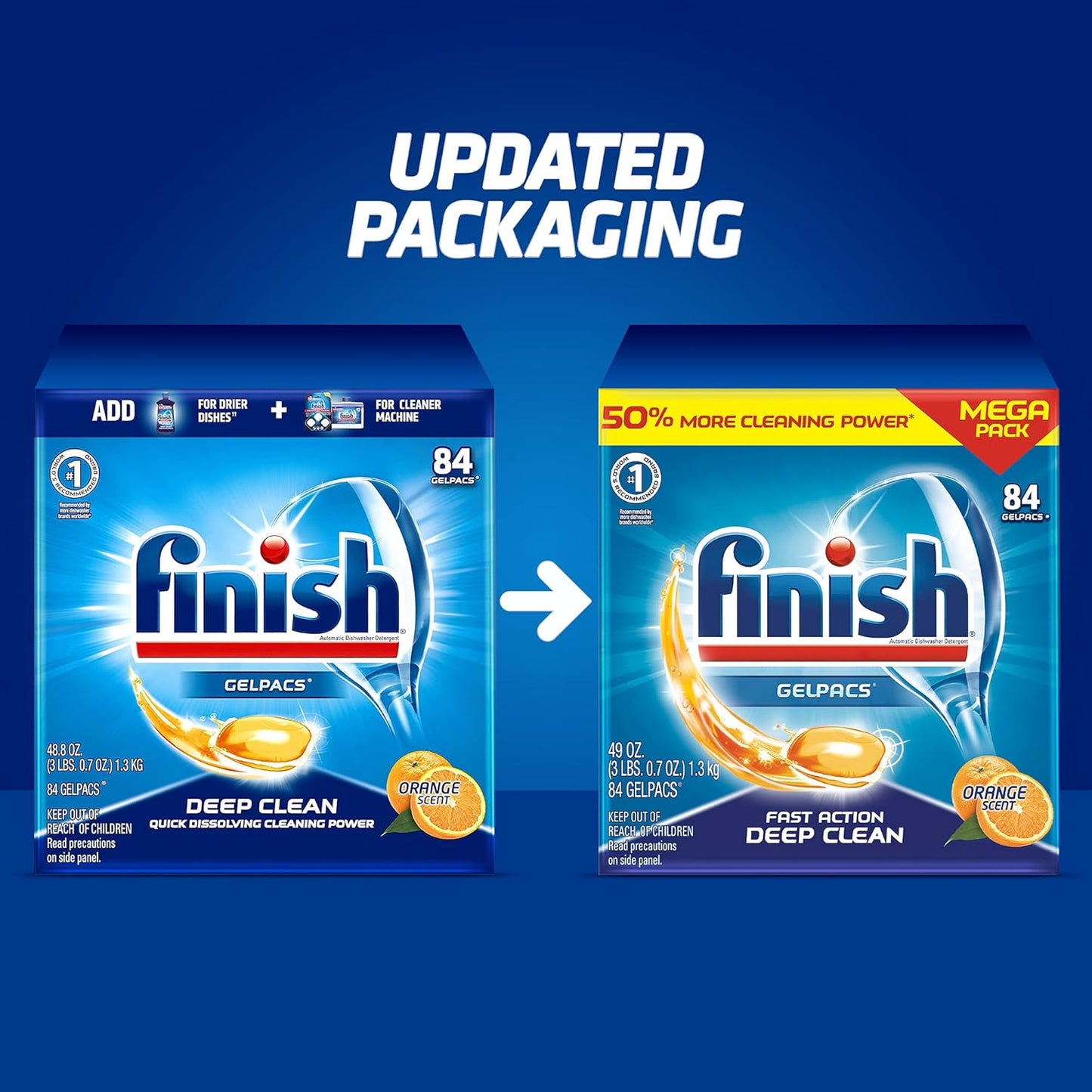 Finish Gelpacs Dishwasher Detergent Pods, Quick Dissolving Cleaning Power, Fights Grease & Dried-On Food, Easy-to-Use Pre-Measured Dishwasher Soap, Orange Scent, 84 Count