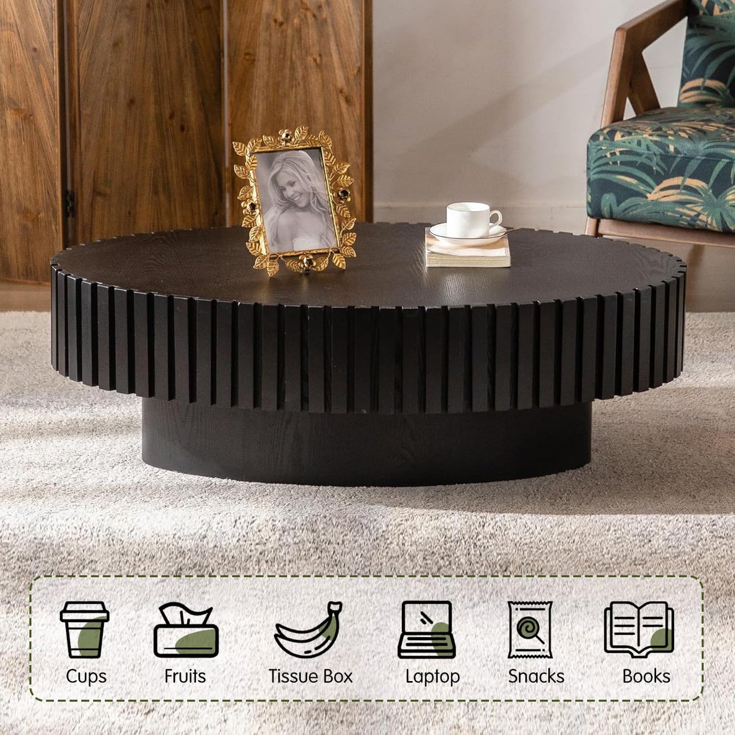 Black Oval Fluted Coffee Table for Living Room (43" Oval Black) | Handcrafted Relief, Wood Drum Coffee Table, for Office Outdoor