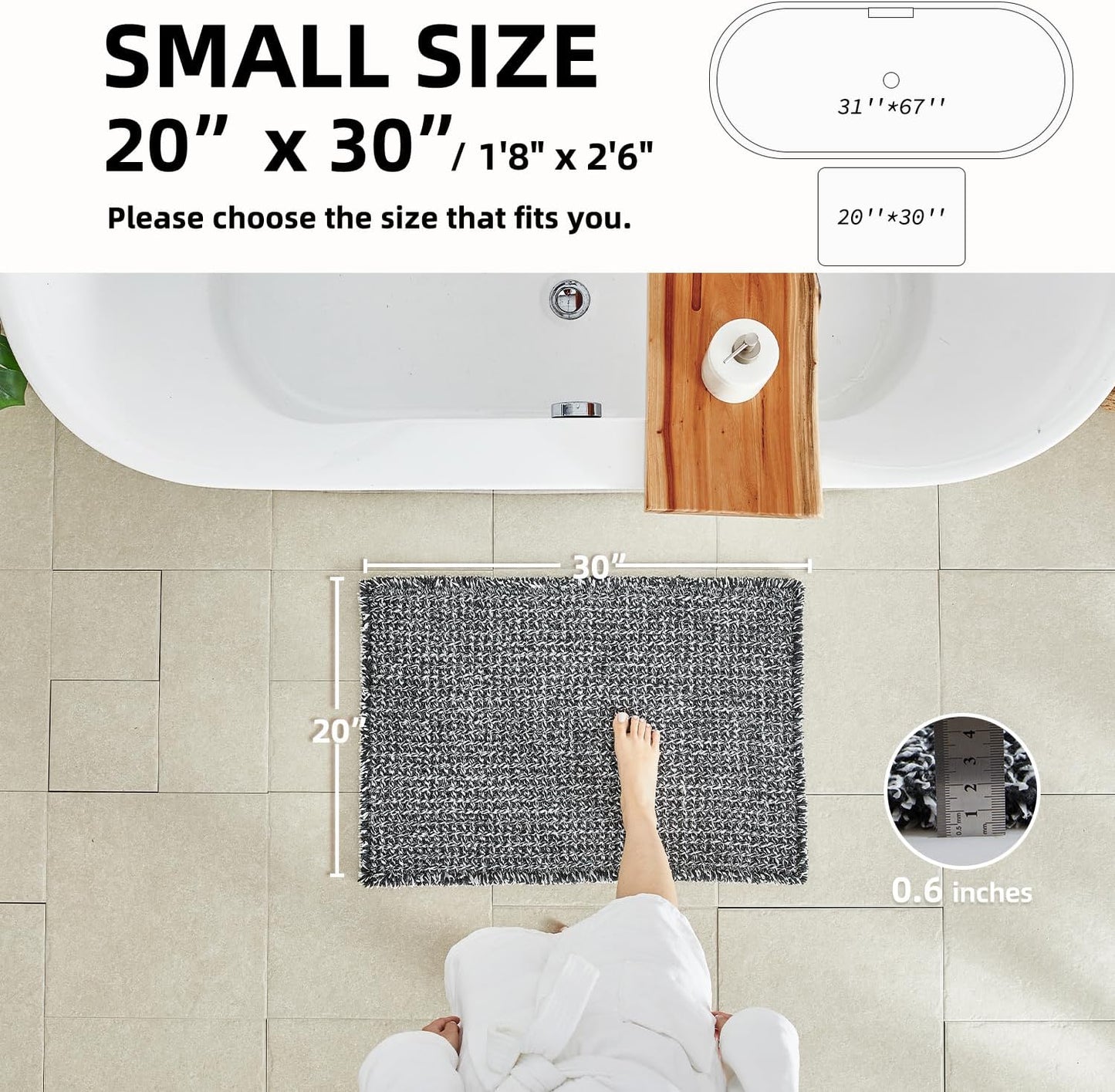 TYUU Black and White Bathroom Rugs, Waffle Bath Mat Non Slip Washable Super Absorbent Quick Dry Boho Farmhouse Bathroom Decor, 30"x20" Black and White