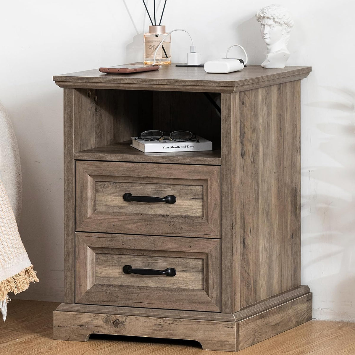 HOMMPA Farmhouse Nightstand w/Charging Station, Open Shelf 23.6''H Greige