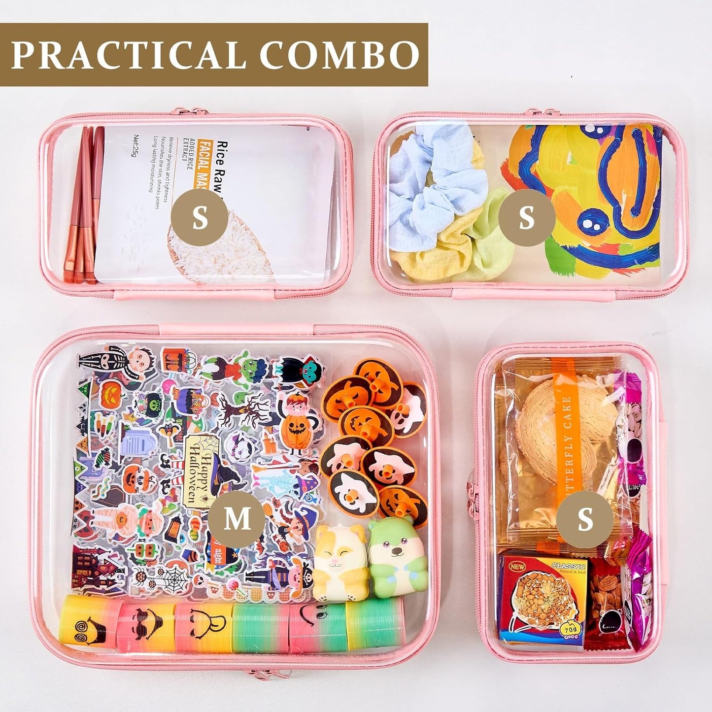 4 pcs Clear Zipper Pouches,Hard Shell Zipper Case, Toiletry Bag for Travel, CLear Diaper Bag, Toiletry Pouch, Travel Organizer, Cosmetic Bag,Toy Storage Bins (M+3S) (Light Pink)