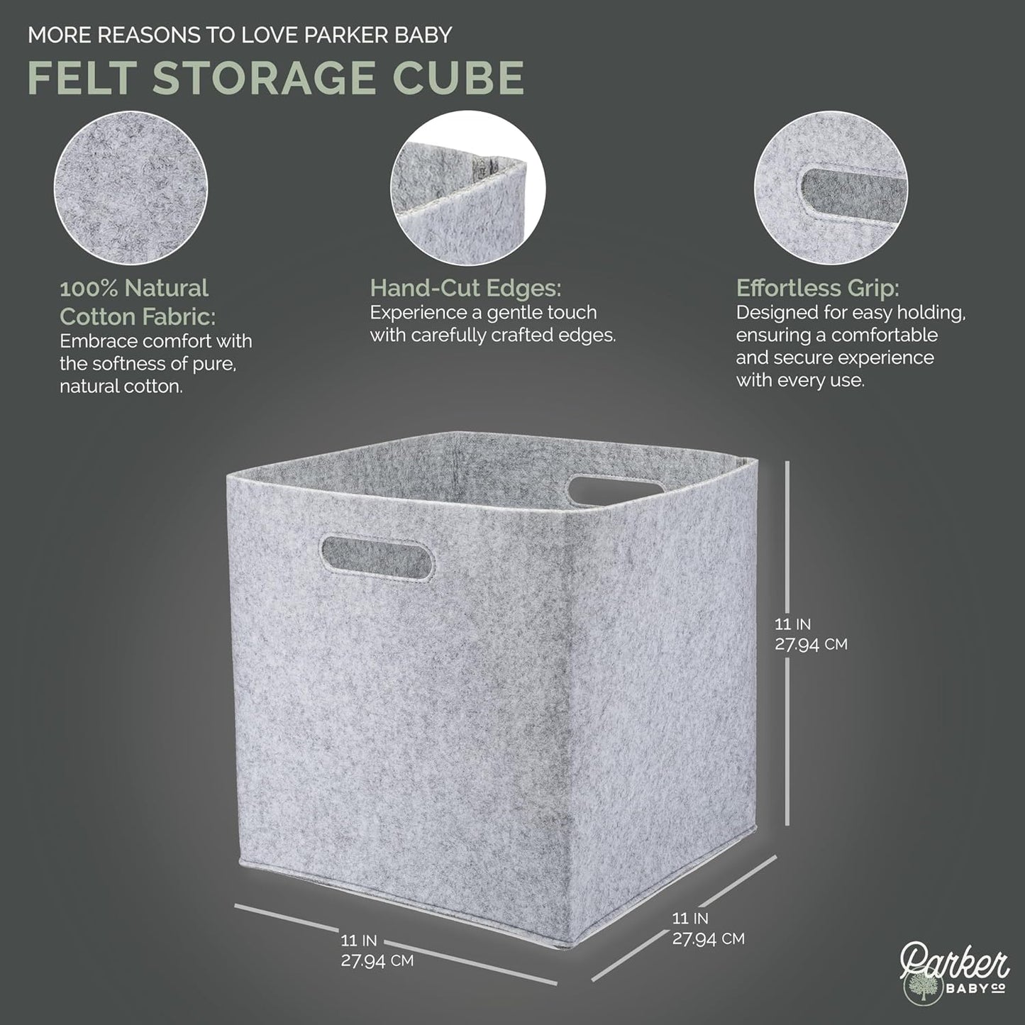 Parker Baby Co. Foldable Felt Storage Cube Bin, 11 Inch Storage Bin - Gray | Collapsible cubby basket stores diapers, toys, blankets & closet essentials. Soft felt fabric, flexible & foldable structure