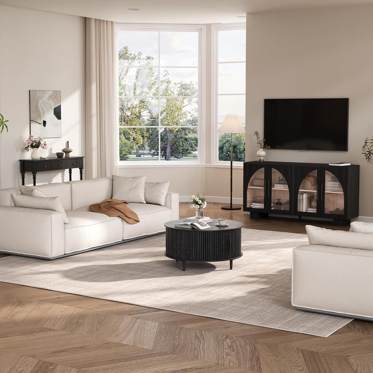 JOINICE Black Round Coffee Table with Storage for Living Room,31.5"