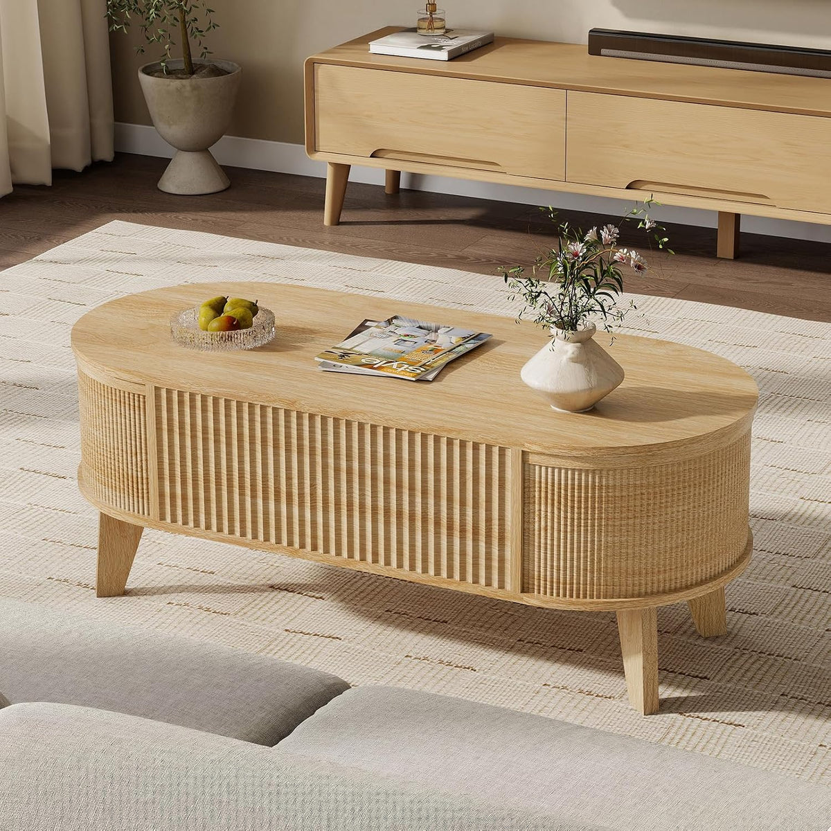LYNCOHOME 43.3" Fluted Lift Top Coffee Table for Living Room, Oval, Oak