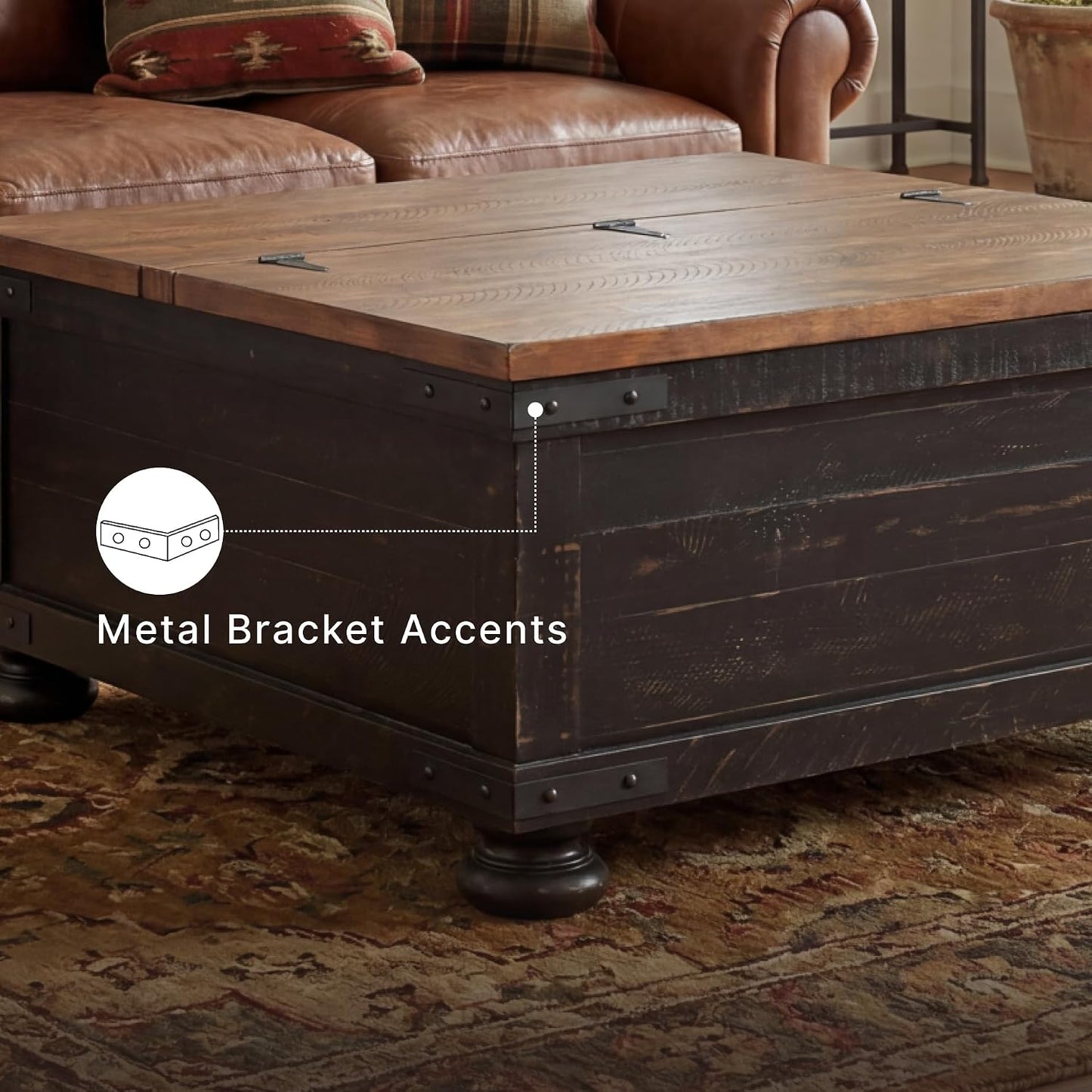 Signature Design by Ashley Lift Top Coffee Table with Storage, Farmhouse | Pine veneers, wood & engineered wood, Split-top spring lift, Hidden trunk storage, 36-in square footprint, Valebeck Series