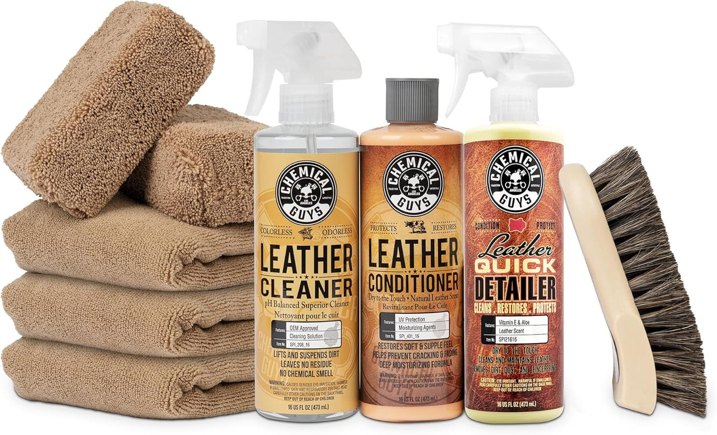Chemical Guys Leather Cleaner and Conditioner Detailing Kit - Leather Care Kit For Natural, Synthetic, Faux, Pleather, and More for Car Interiors, Apparel, Furniture, Boots & Accessories - 9 Items