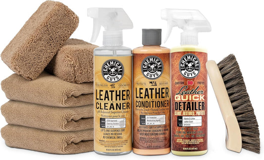 Chemical Guys Leather Cleaner and Conditioner Detailing Kit - Leather Care Kit For Natural, Synthetic, Faux, Pleather, and More for Car Interiors, Apparel, Furniture, Boots & Accessories - 9 Items