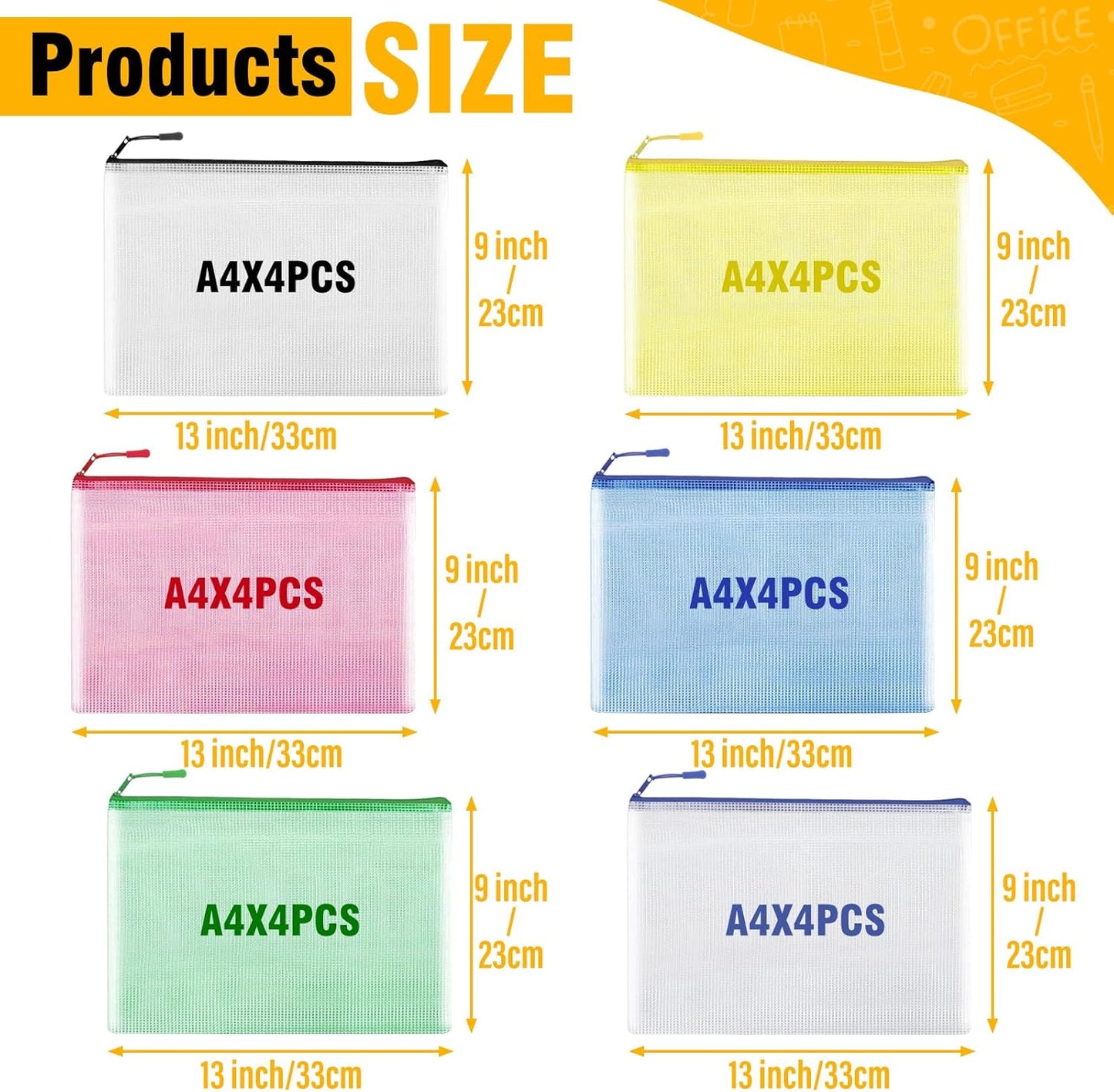 YOPCDJ 24pcs Mesh Zipper Pouch Bags A4 Zipper Bags for Classroom Organization, Waterproof Document Zipper Pouches for Cosmetics, Travel Storage File Bags for Office Supplie