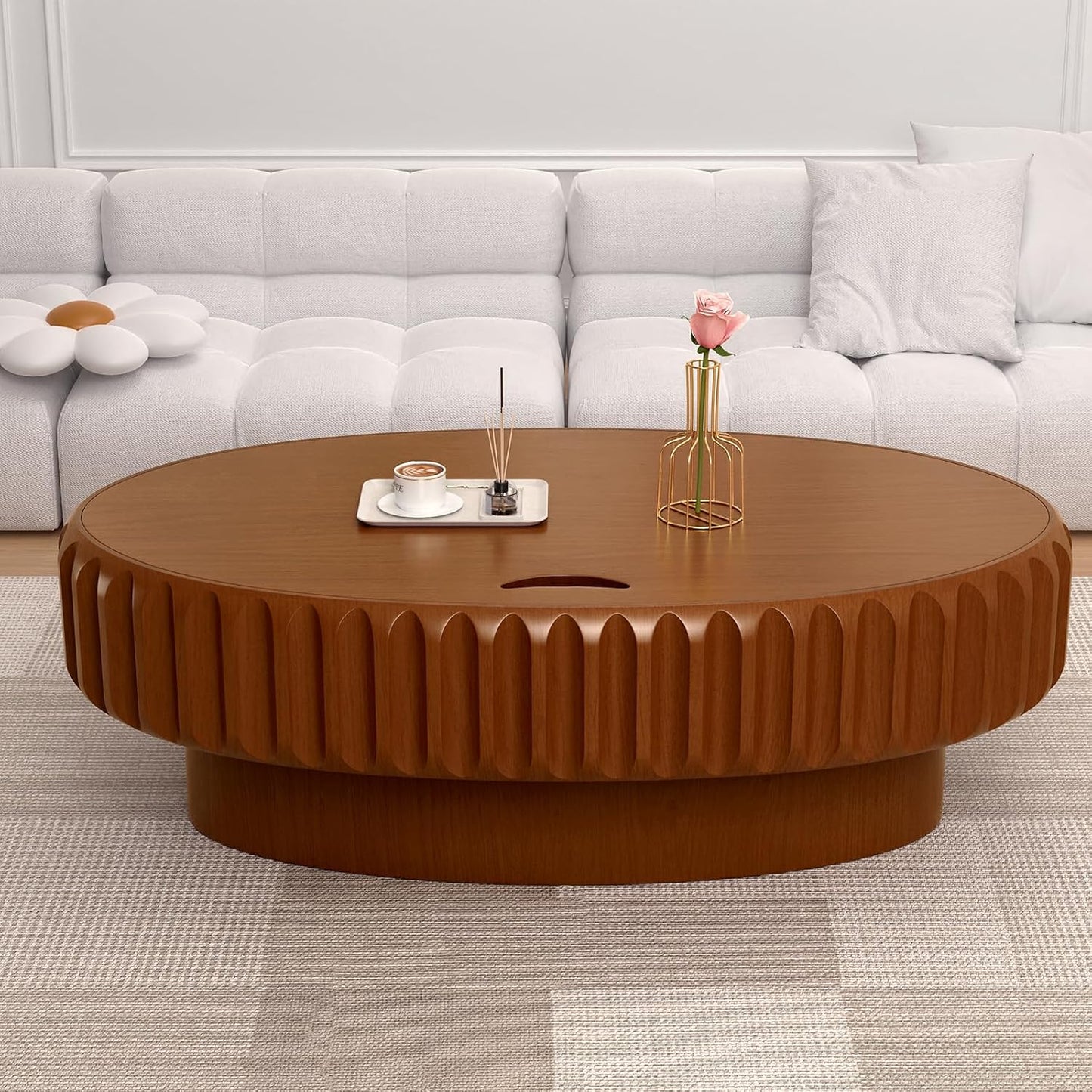 43.3 in Brown Oval Drum Coffee Table with Storage | Modern Oval Fluted Storage Center Table Handcrafted Solid Wood Fluted Edge, Sturdy Oval Base For Living Room, Apartment