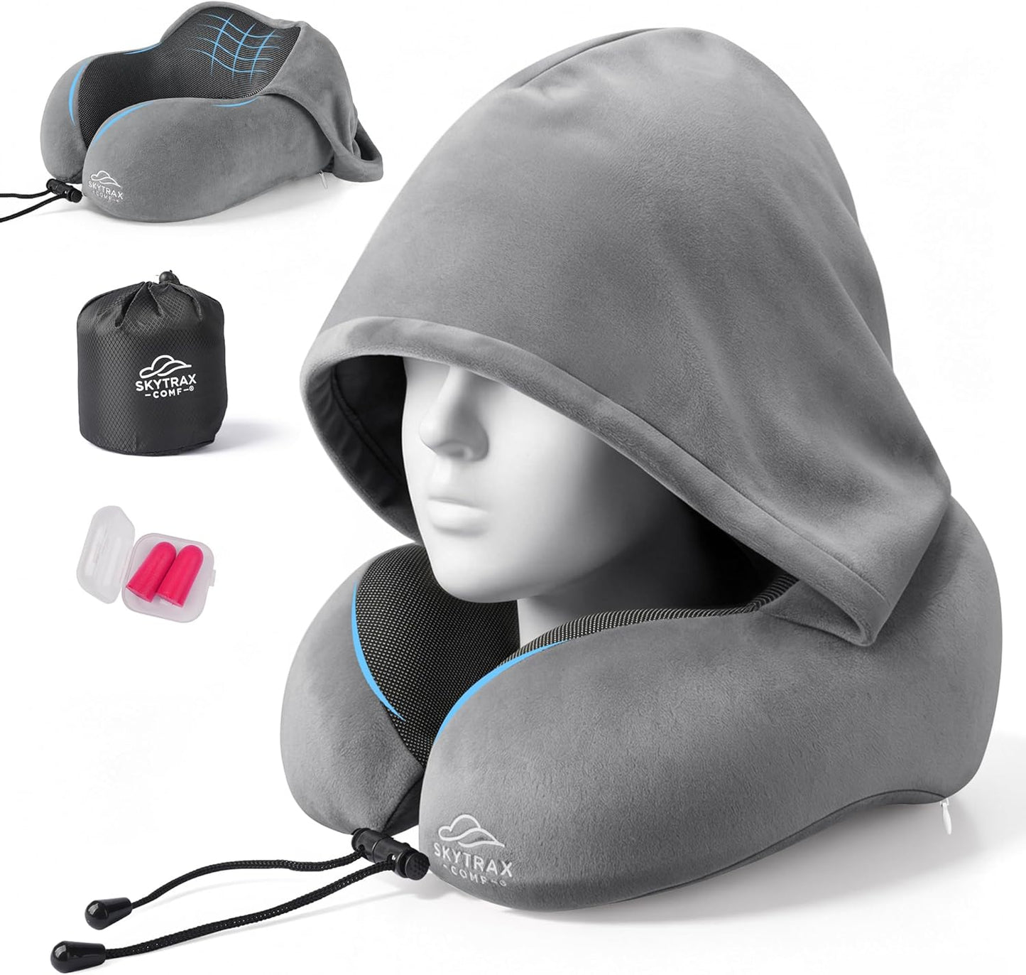 Travel Pillow with Extra Large Hood for Airplane Long Flights Privacy and Comfort Memory Foam with Velvet Cover for Road Trip Head&Neck Support for Plane Office Cars Sleeping & Rest (Light Grey)