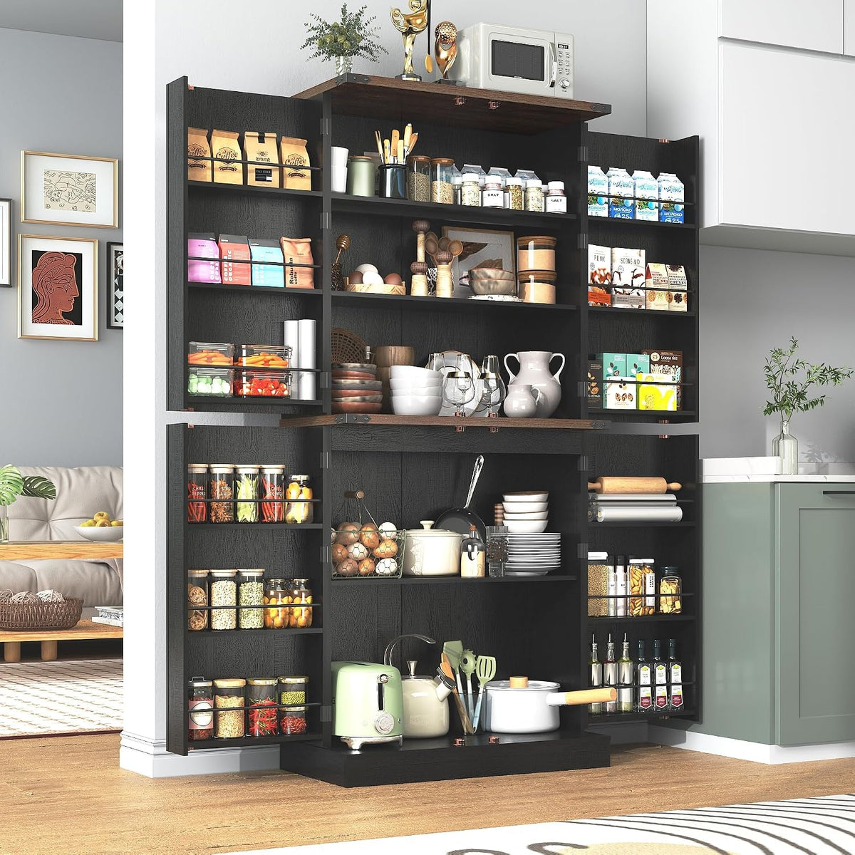 71" Tall Kitchen Pantry Cabinet, Farmhouse Tall Kitchen Storage Cabinet with Adjustable Shelves & 4 Barn Style Doors, Wooden Storage Cabinet for Kitchen, Dining Room, Living Room, Bathroom, Office