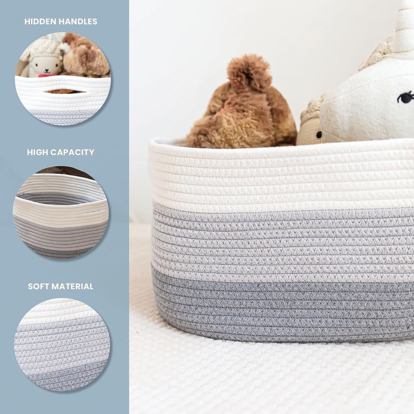 OrganiHaus Cotton Rope Baskets for Shelves, Set of 3, 15x9x10 | Handwoven; a toy bin and organizer for towels, books, or blankets; fits nursery, playroom, or bedroom decor