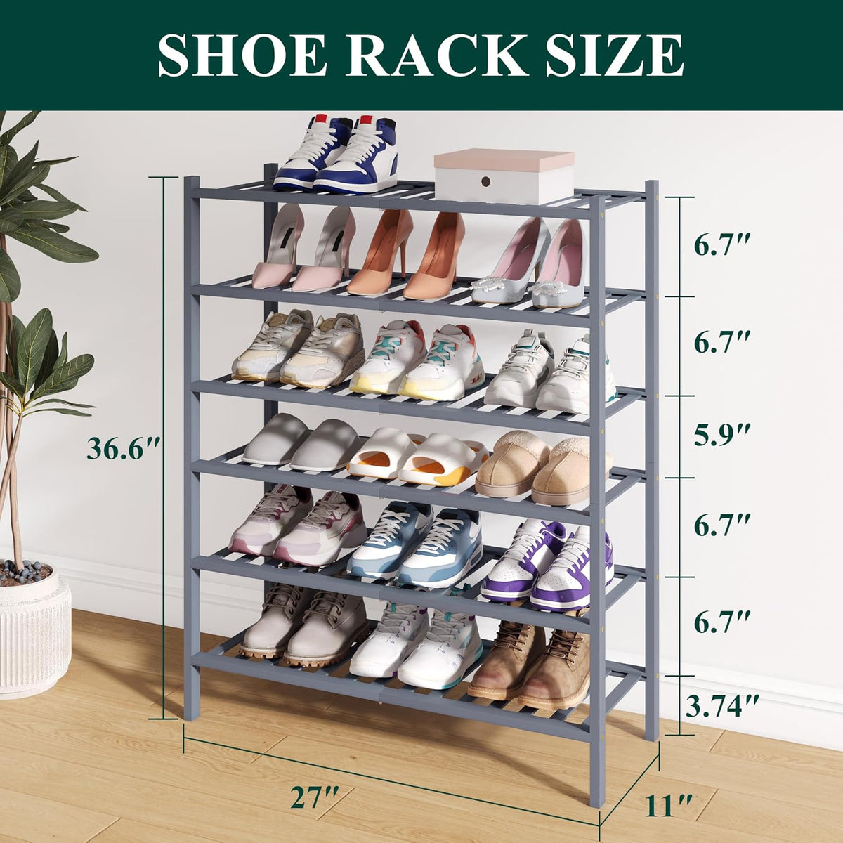 Smiry Bamboo Shoe Rack for Closet, 6 Tier - 26.77" Wide, Grey