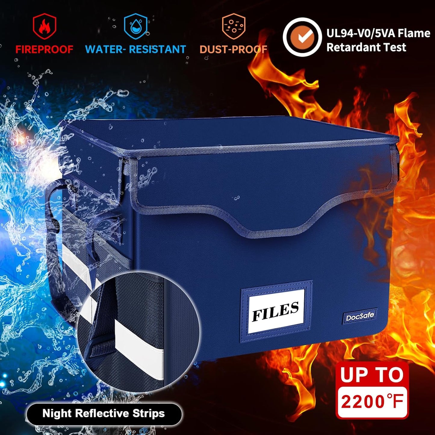 DocSafe Fireproof Document Box with Lock, File Storage Organizer with Mesh Pockets, Collapsible Portable File Box Home Office Safe Filing Cabinet with Handle for Hanging Letter/Legal Folder, Blue