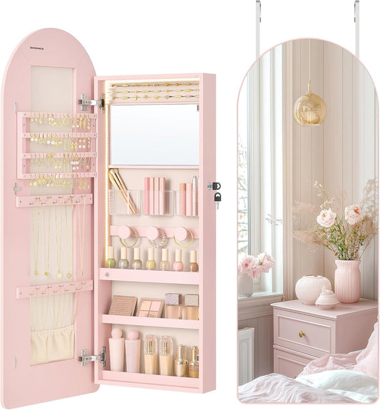 SONGMICS Wide Jewelry Organizer, LED Jewelry Cabinet Wall/Door Mounted, Arched Mirror with Storage, Lockable, Rounded Corner, Interior Mirror, 3.9 x 16.5 x 42.5 Inches, Jelly Pink UJJC020SA01S