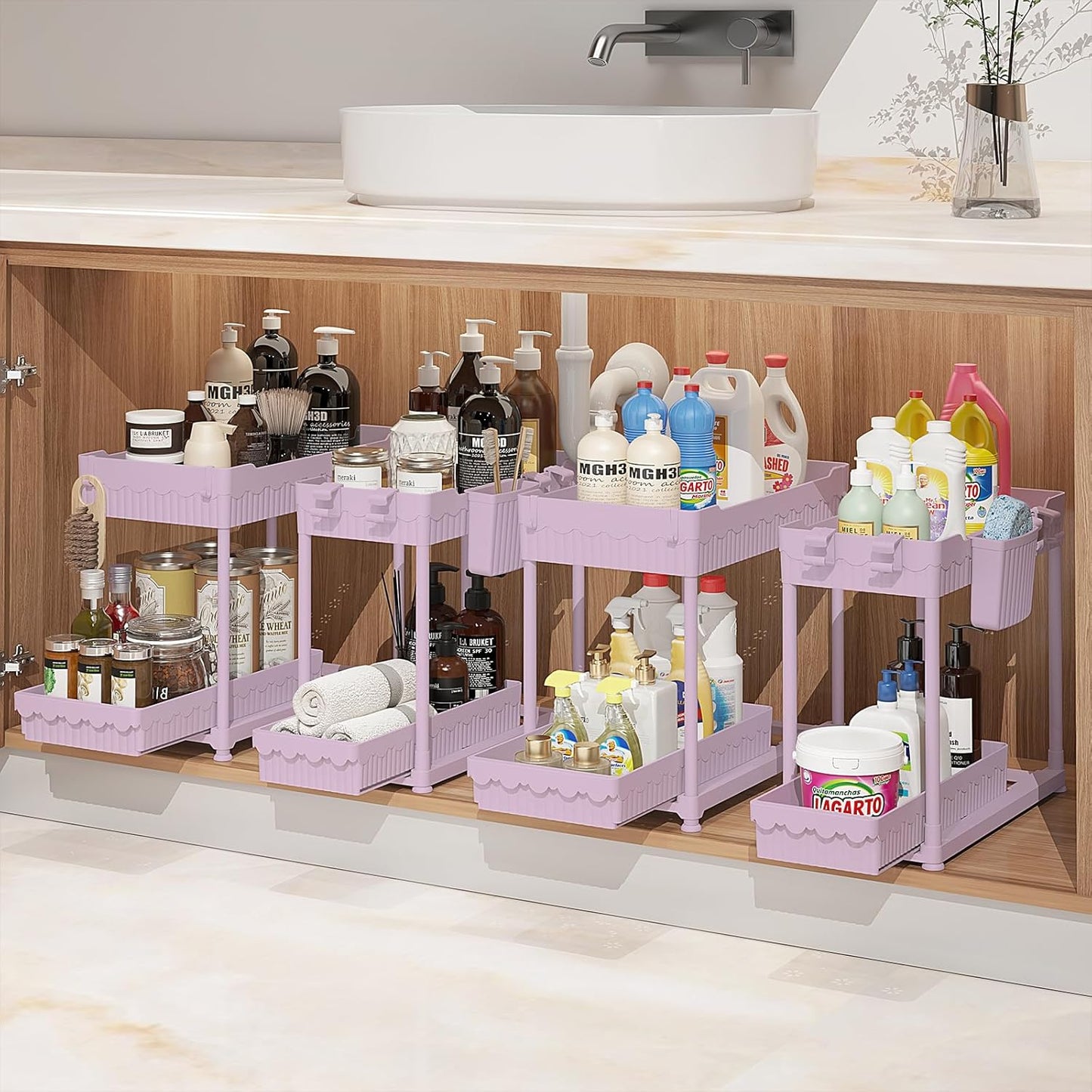 Sevenblue Under Sink Organizer, Bathroom Organizers and Storage, 2 Tier Multi-Use Pull Out Cabinet Organizer with Hang Hooks and Cups (Pink, 4 Pack)
