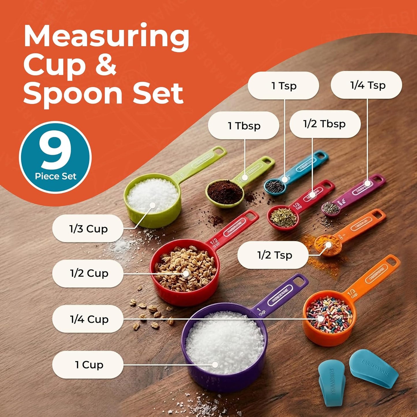 Farberware Kitchen Basics Measuring Cup & Spoon Set – 9-Piece Colorful Nesting Stackable Cups & Spoons with Ring Organizer, Easy-Read Markings for Cooking & Baking, Durable Plastic Kitchen Tools