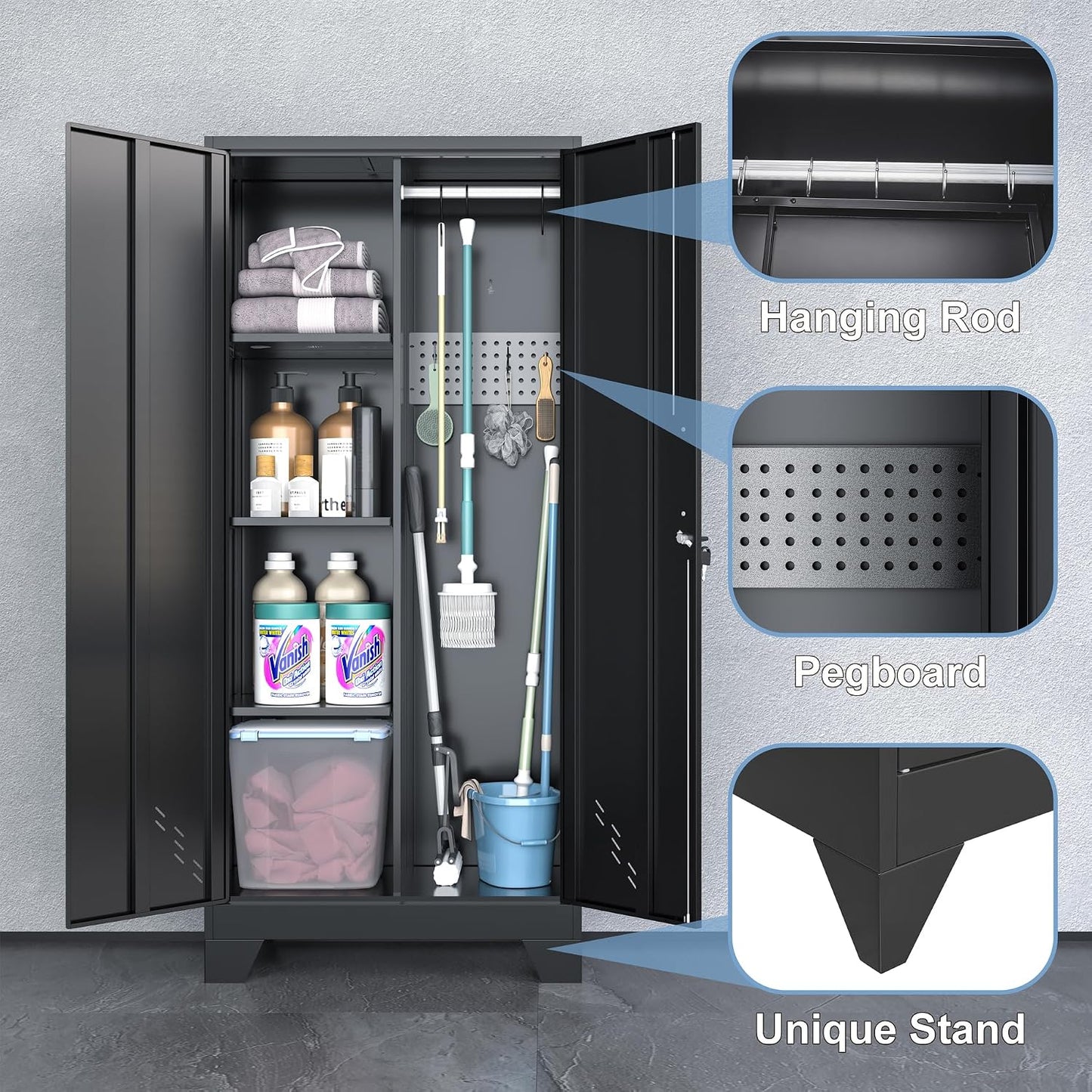 OSEILLC Metal Storage Cabinet with Locking Doors, 61" Tall Garage with Hanging Rod, Broom Closet, Freestanding Bathroom Storage Cabinet, Cleaning Tool,Utility Cabinets for Storage Locker,Black