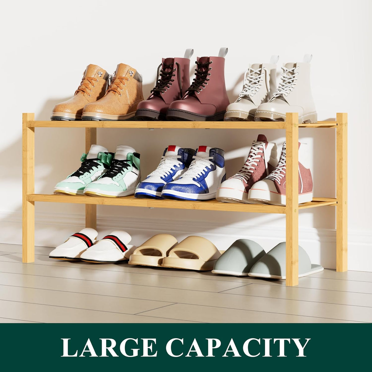 Smiry Bamboo Shoe Rack, 12 Vertical Slats, 2 Tier - 26.8" Wide, Natural