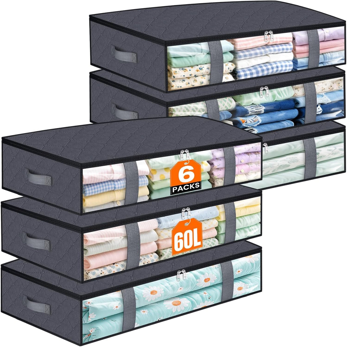 TasticTotes Under Bed Storage Containers, 4 Pack Blanket Storage Bags, Collapsible Storage Bags with Big Zippers, Clear Front, Shoe Storage and Organization for Clothes, Comforter, 60L, Grey