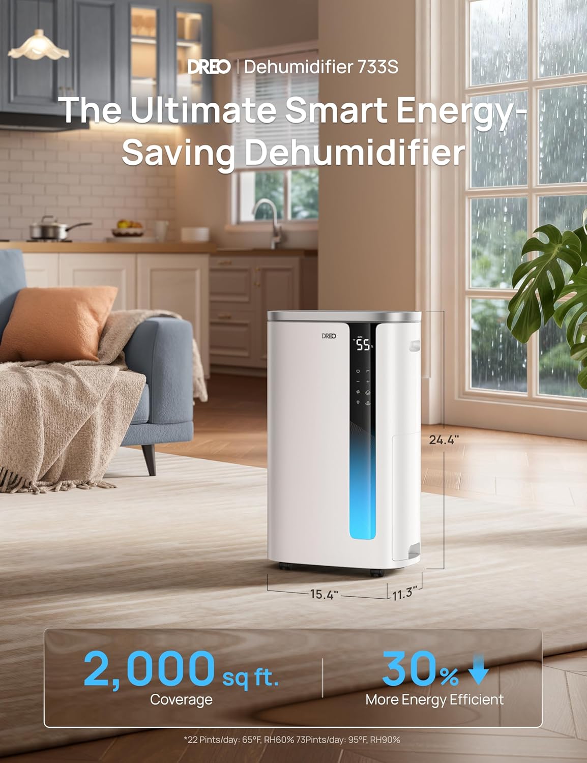 DREO 73 Pint Smart Dehumidifier for Basement, Home & Large Room up to 2000 Sq Ft, Energy Star 6.0 Dehumidifier with Drain Hose, Quiet 42dB, Auto Humidity Control, 3 Fan Speeds, Timer, Continuous Drain