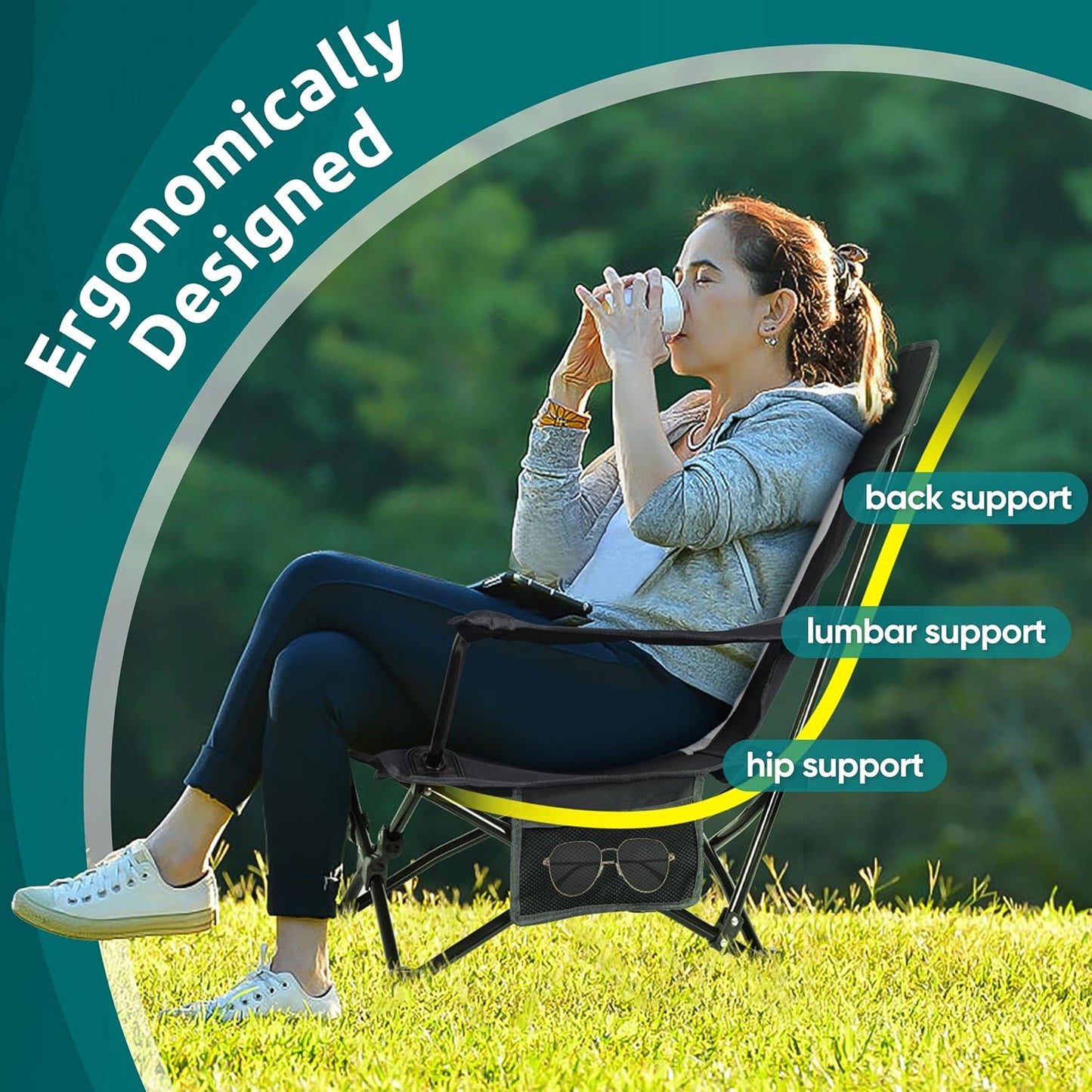 HaSteeL Folding Beach Chair Set of 2, Foldable Black Camping Chairs for Outside, Low Beach Chair Portable for Adults Fishing, Picnic, Outdoor BBQ, Travel, Sports, Cup Holder & Storage Bag