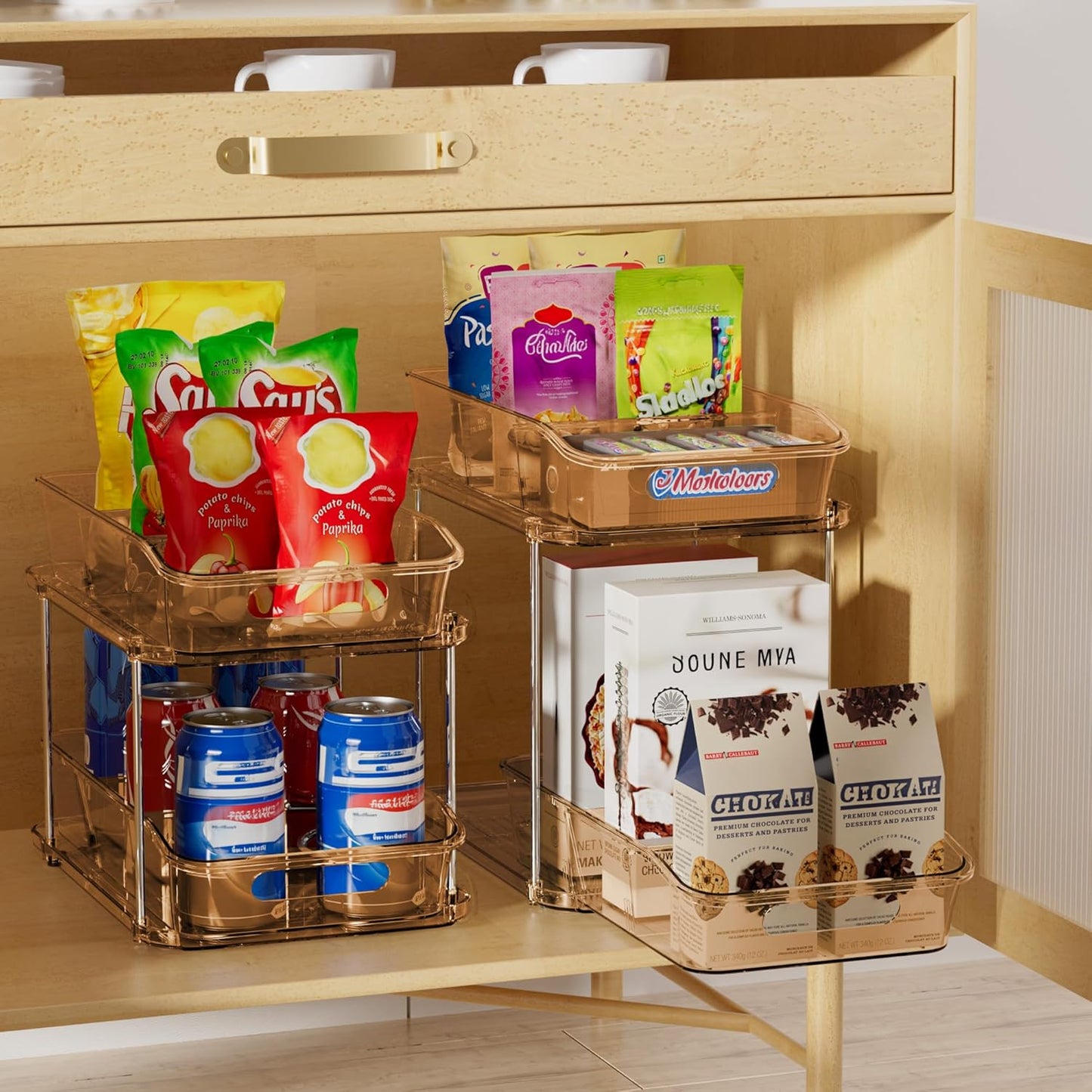 Delamu 2-Tier Under Sink Organizers and Storage, Multi-Purpose Stackable Bathroom Cabinet organizers, Pull Out Kitchen Pantry Organization and Storage with Dividers(2 Pack, Amber)
