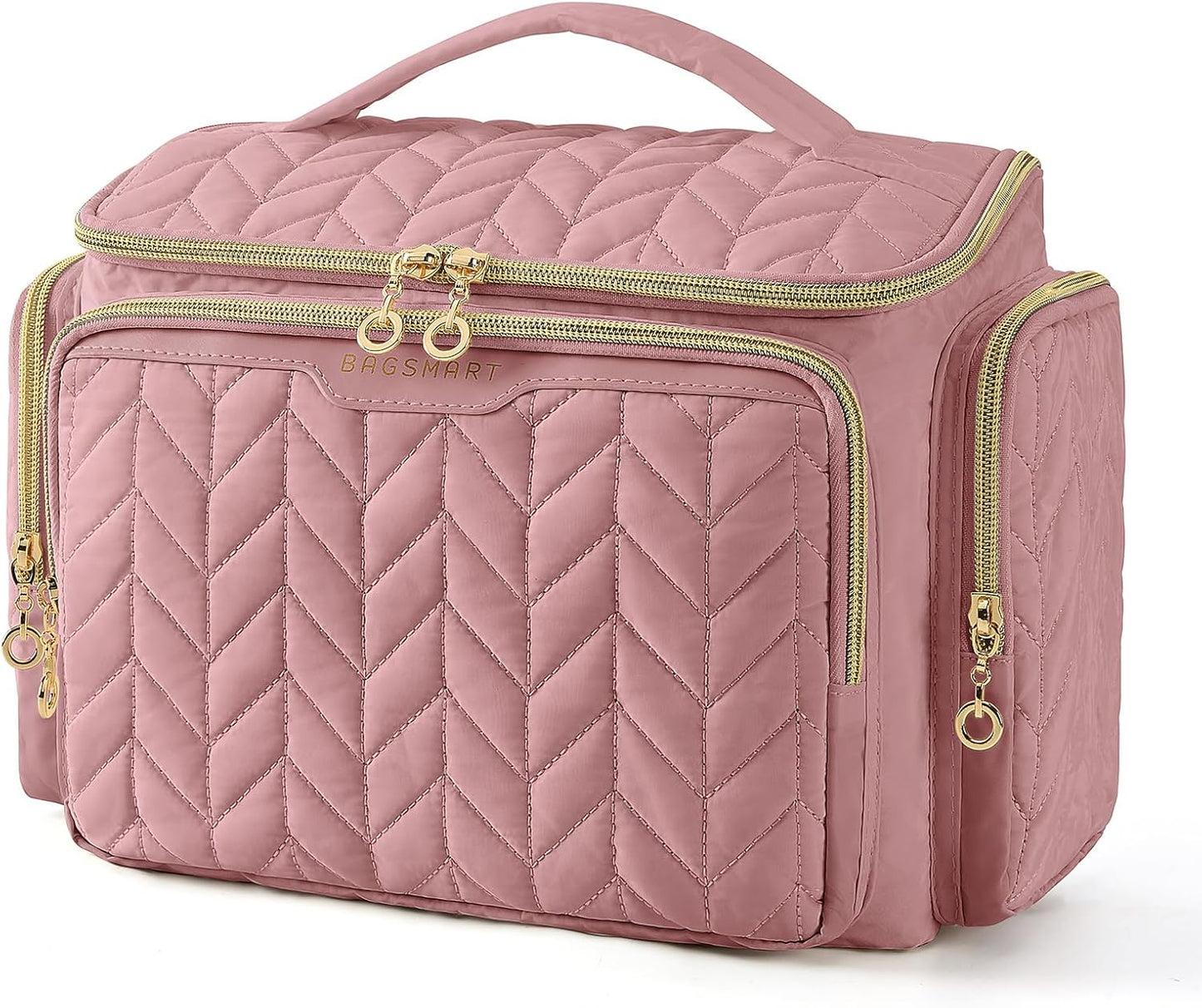 BAGSMART Travel Toiletry Bag, Large Wide-open Travel Bag for Toiletries, Makeup Cosmetic Travel Bag with Handle-Dark Pink