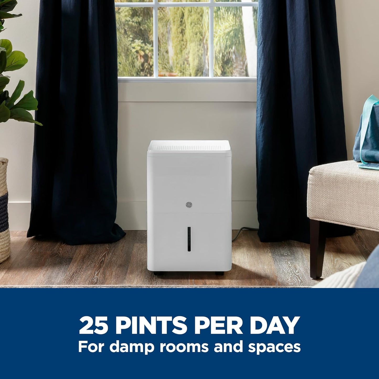 GE Portable Dehumidifier 25 Pint, Perfect for Bedroom, Basement & Garage or Rooms up to 1500 Sq Ft, Ideal for High Humidity Areas, Complete with Empty Bucket Alarm & Clean Filter Alert