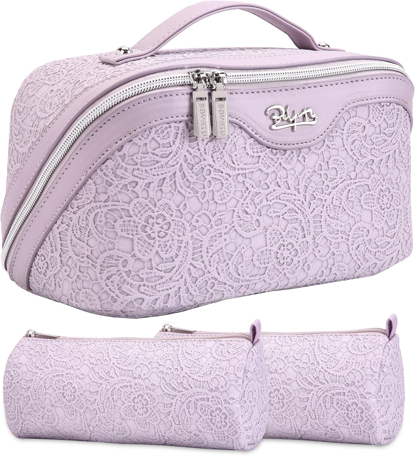 BOYATU Travel Makeup Bags Cosmetic Organizer Bag: 3-Set Large Capacity Make up Bag - PU Leather Toiletry Bags for Women - Wide Open Portable Pouch with Divider & Handle (02-Light Brown)