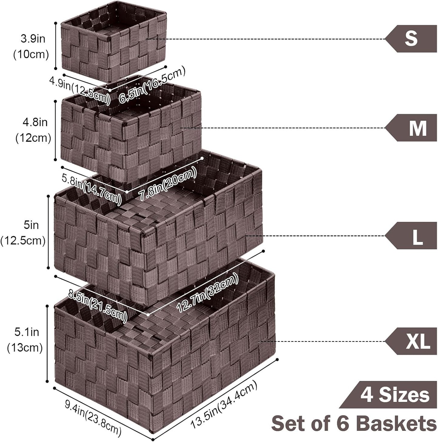 Storage Baskets: 6 Pack Stackable Woven Storage Bins, Brown