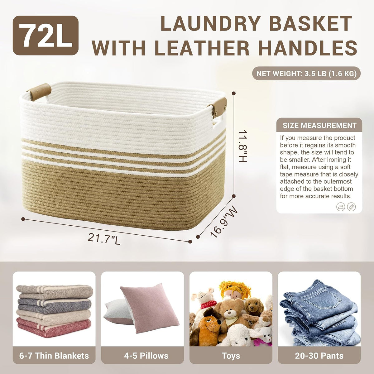72L Large Woven Laundry Basket Hamper with Leather Handles,Khaki